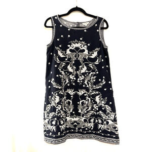 Max Studio Dress Small Aline Short Sleeveless Blue Floral Linen Blend